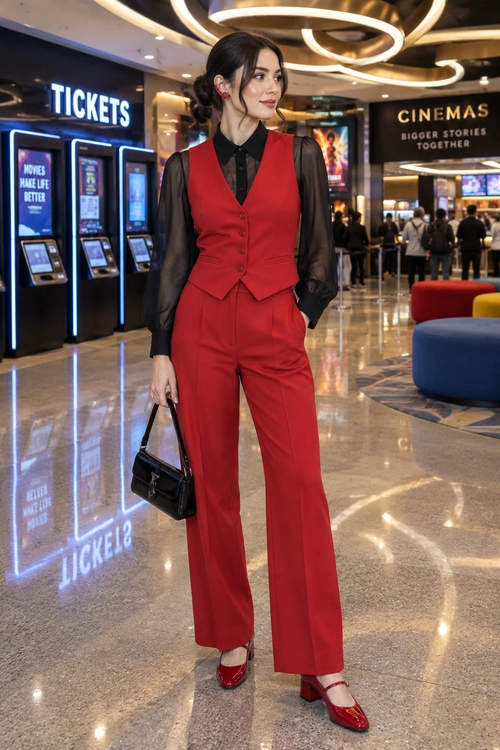 A woman wears a red tailored vest and wide-leg trousers with a black sheer blouse, red pointed shoes, and a black handbag in a cinema lobby.