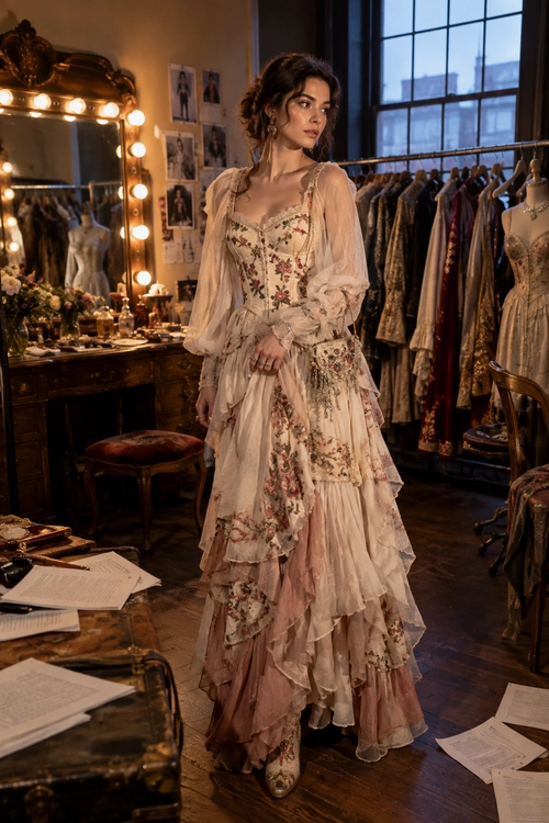 A woman wears a long cream and blush floral dress with sheer sleeves, layered ruffles, and a flowing skirt.