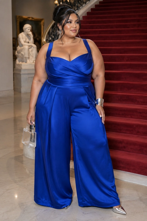 A woman wears a royal blue satin wide-leg jumpsuit with silver pointed-toe heels, a clear handbag, earrings, and a metallic cuff bracelet.