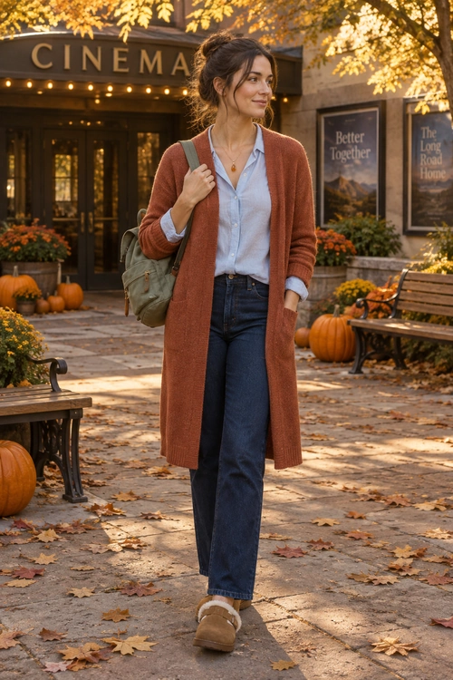 A woman wears a rust-colored long cardigan over a light blue button-up shirt with dark wide-leg jeans, tan slip-on shoes, and an olive green shoulder bag.