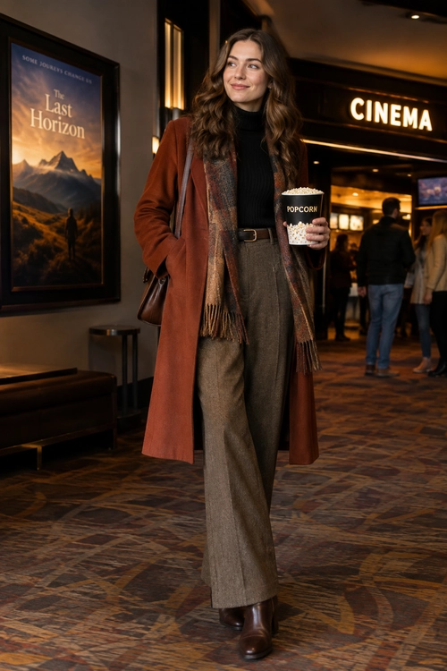A woman wears a rust-colored long coat, black turtleneck, plaid scarf, wide-leg trousers, and brown ankle boots at a cinema.