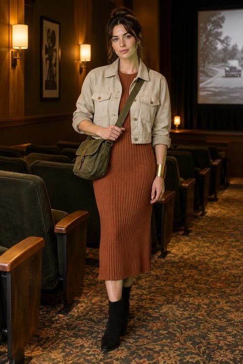 A woman wears a rust ribbed midi dress with a cropped beige utility jacket, olive crossbody bag, gold cuff bracelet, and black ankle boots.