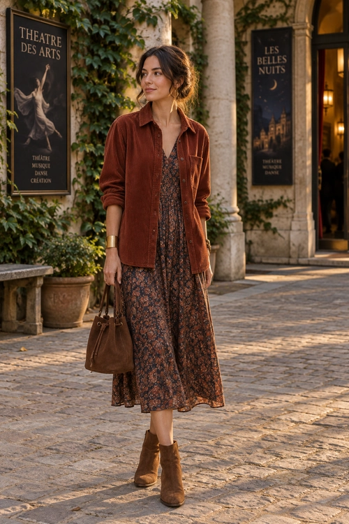 Rust Jacket and Floral Midi Dress Woman wearing a rust corduroy jacket over a dark floral midi dress with brown ankle boots and a leather handbag.