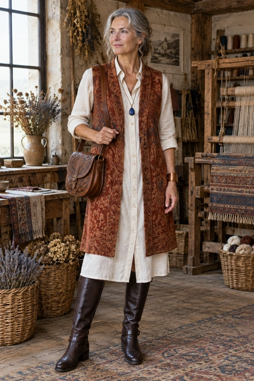Rust Paisley Vest with Cream Shirt Dress A layered outfit featuring a rust paisley vest over a cream shirt dress, dark brown knee-high boots, and a brown crossbody bag.