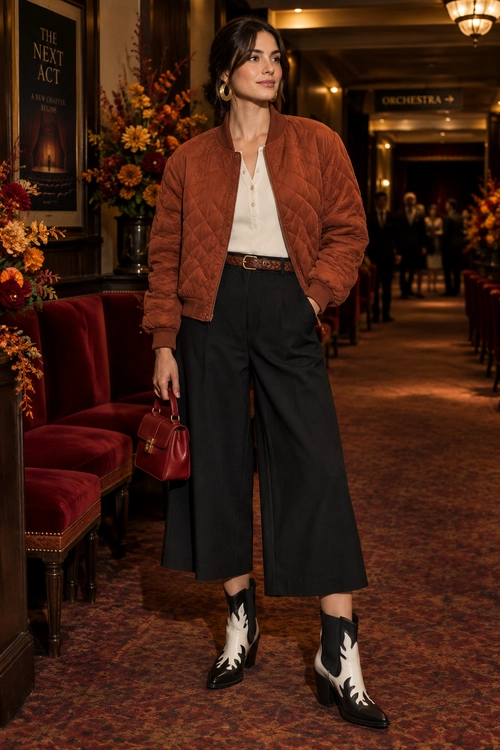 A woman wears a rust quilted jacket over a cream blouse with black wide-leg trousers, a brown belt, black-and-white western ankle boots, and a burgundy handbag.