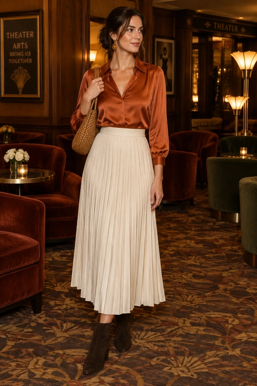 A rust satin blouse is paired with a cream pleated midi skirt, brown ankle boots, and a woven shoulder bag.