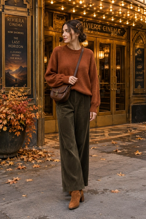 A woman wears a rust brown sweater with wide-leg olive trousers, brown ankle boots, and a brown crossbody bag outside a cinema.