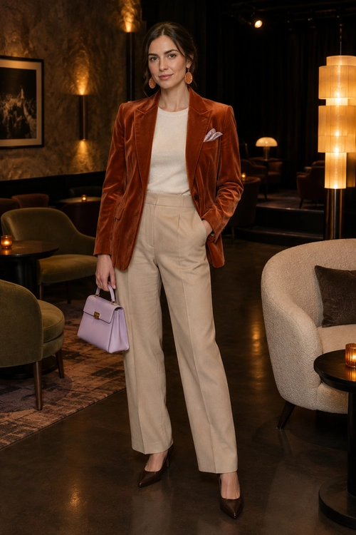 A woman wears a rust velvet blazer over a cream top with beige wide-leg trousers, brown pointed-toe heels, and a lavender handbag.