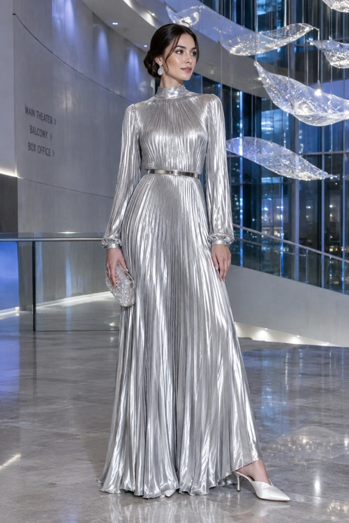 A woman wears a long-sleeved silver pleated gown with a high neckline, slim belt, jeweled clutch, earrings, and white pointed heels.