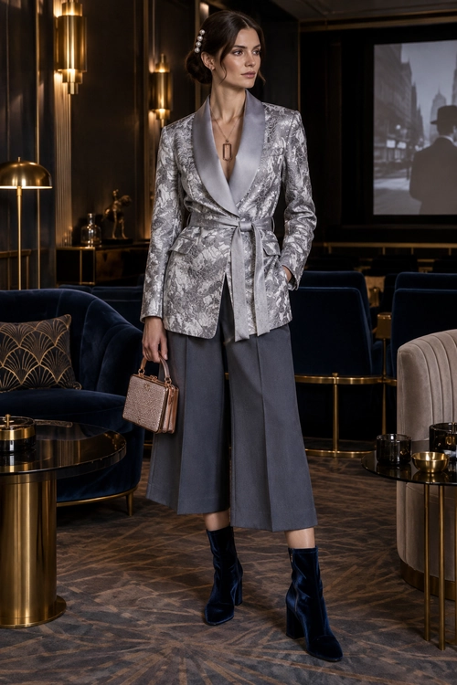 A woman wears a silver-gray patterned tie-waist blazer with wide-leg culottes, dark ankle boots, and a small structured handbag.
