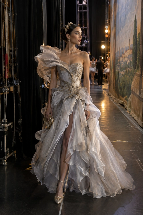 Dramatic Silver Tulle Gown A model wears a strapless silver-gray couture gown with an embellished bodice, dramatic tulle shoulder detail, and a voluminous layered skirt.