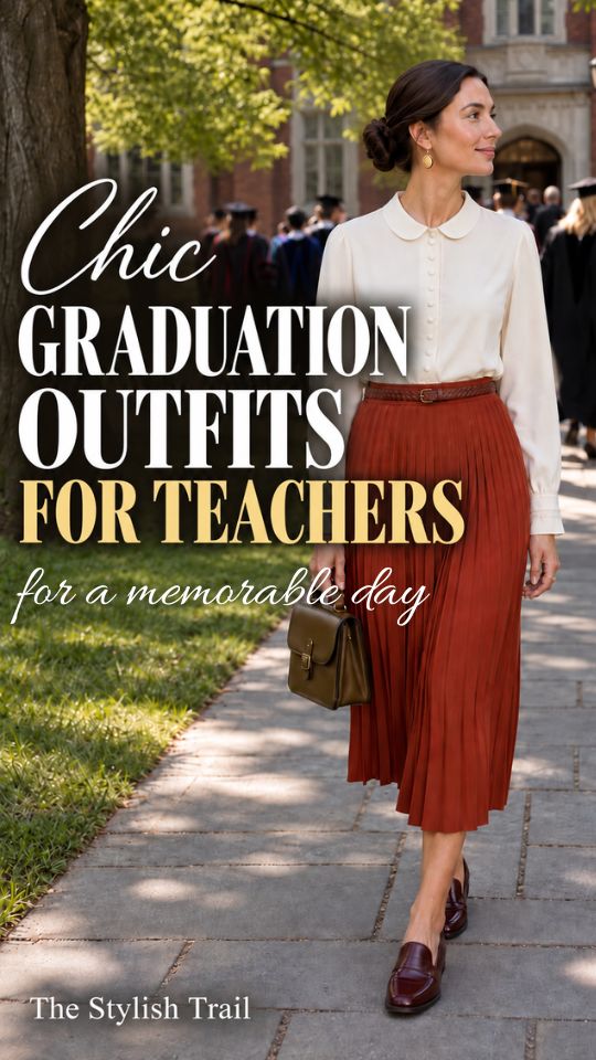 teacher wearing a graduation outfit with a cream button-front blouse, rust pleated midi skirt, brown belt, olive handbag, and burgundy loafers