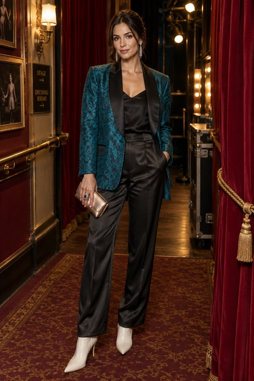 Teal Blazer and Satin Trousers Outfit A woman wears a teal patterned blazer over a black satin top and wide-leg trousers with white pointed ankle boots and a metallic clutch.
