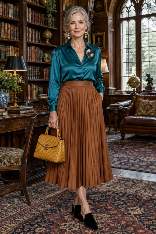 Teal Blouse and Brown Pleated Skirt Outfit An elegant outfit featuring a teal satin blouse, brown pleated skirt, black shoes, and a structured woven handbag.