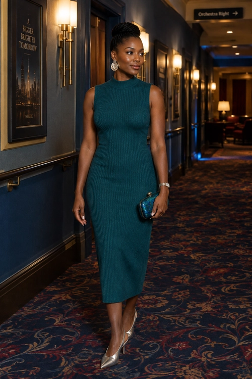 Woman wearing a sleeveless teal ribbed midi dress with statement earrings, a small blue clutch, a watch, and silver pointed-toe heels.