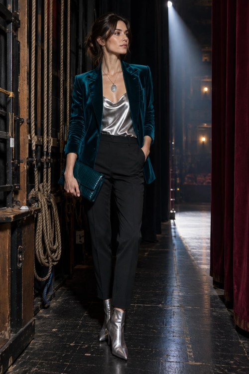 Woman wearing a teal velvet blazer over a silver satin camisole with black trousers, silver ankle boots, a teal clutch, and a pendant necklace.