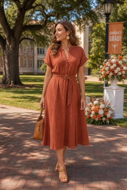 Woman wearing a terracotta short-sleeve belted midi dress with tan sandals, a brown handbag, gold earrings, and bracelets outdoors.