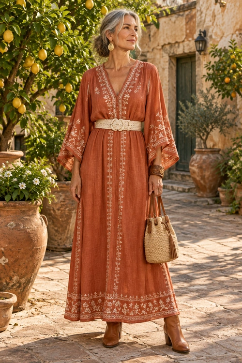 Terracotta Embroidered Maxi Dress Outfit A woman wears a terracotta embroidered maxi dress with flared sleeves, a woven belt, brown ankle boots, and a straw handbag.