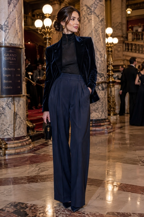 A woman wears a black velvet blazer, black high-neck top, and navy wide-leg trousers with a small black handbag.