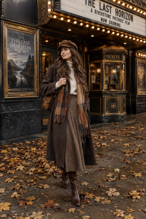 A woman wears a brown newsboy cap, long coat, cream turtleneck, plaid skirt, fringed scarf, crossbody bag, and tall brown boots outside a theater.