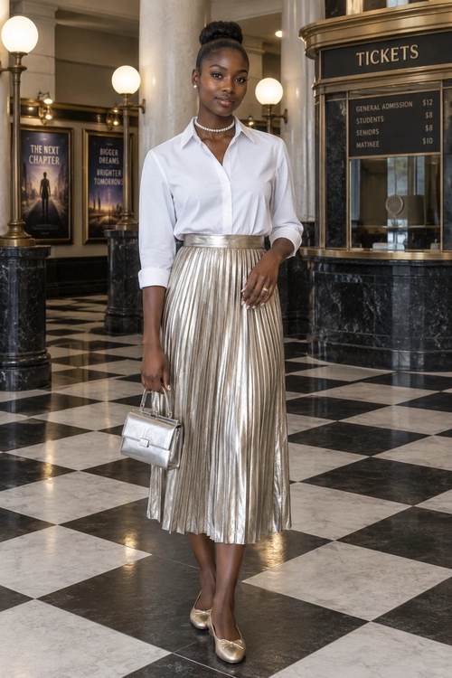 A woman wears a white button-down blouse with a metallic pleated midi skirt, pearl necklace, metallic handbag, and matching flats in a theater lobby.