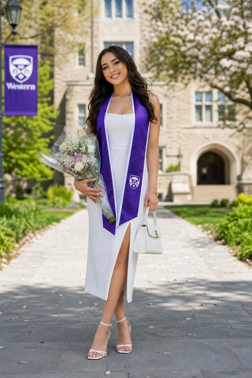 Woman wearing a white sleeveless dress with a purple graduation stole, carrying a bouquet and white handbag outdoors.