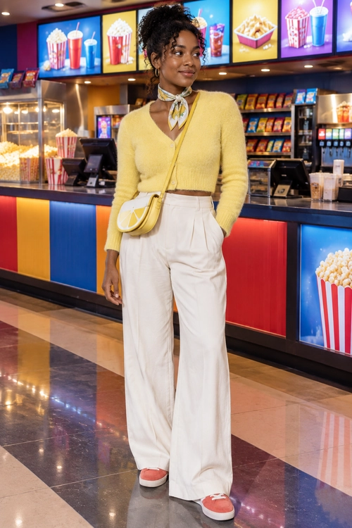 A woman wears a yellow cardigan with a neck scarf, cream wide-leg trousers, a yellow crossbody bag, and red-and-white sneakers.
