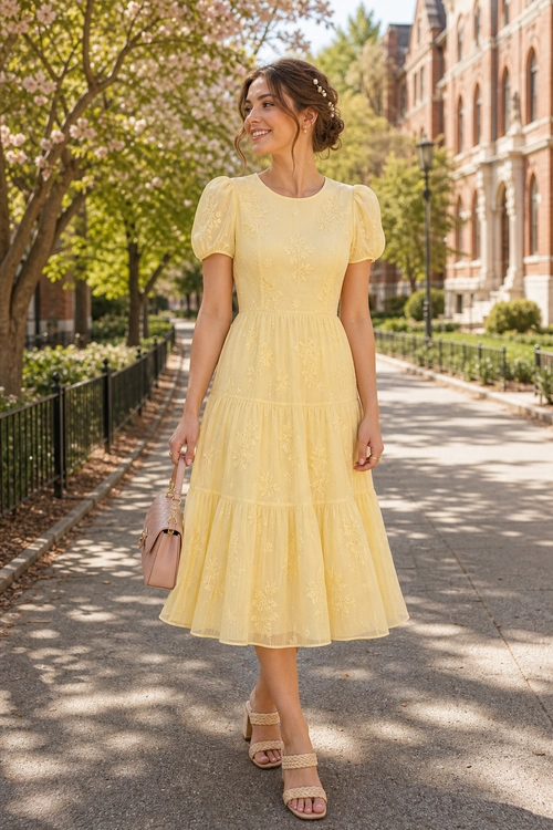 A woman wears a pale yellow embroidered tiered midi dress with puff sleeves, a blush pink handbag, and beige strappy sandals.