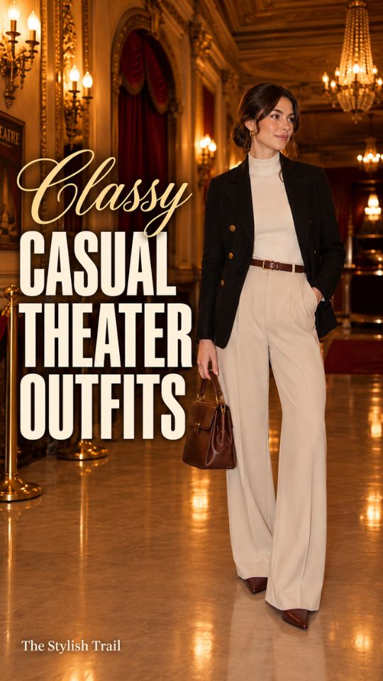 A woman wears a black blazer over a cream high-neck top with cream wide-leg trousers, for classy casual theater outfit ideas