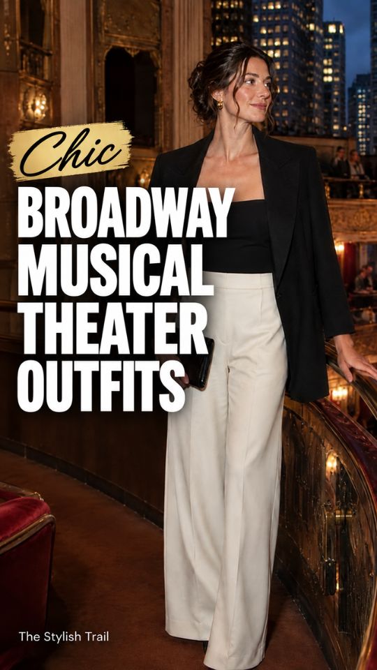 A woman wears a black blazer, square-neck top, and ivory wide-leg trousers with a clutch, showing a Broadway musical theater outfit for a night out