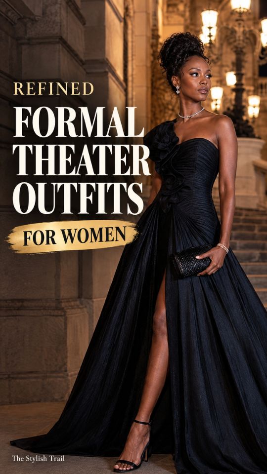 A woman wears a black gown with a shoulder ruffle, draped skirt, thigh-high slit, and strappy heels, illustrating formal theater outfits for women