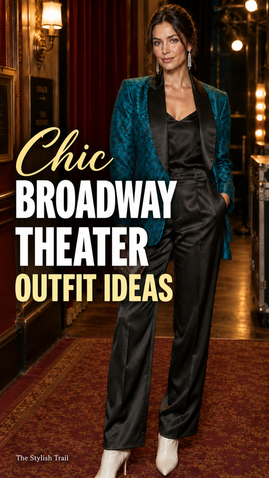 A woman wears a black top, teal blazer with black wide-leg trousers, ankle boots, and earrings for a broadway theater outfit