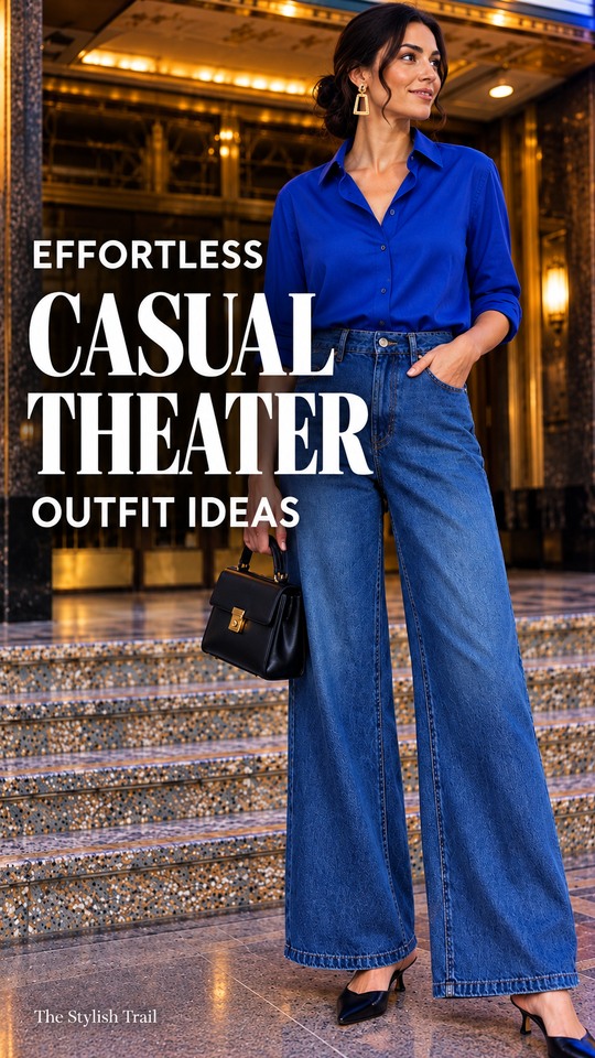 A woman wears a blue blouse with blue jeans, pointed heels, and a handbag for a casual theater outfit