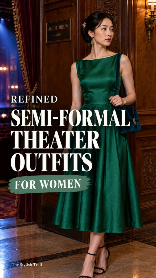 A woman wears a green dress with strappy sandals and a bag for a semi formal theater outfit for women