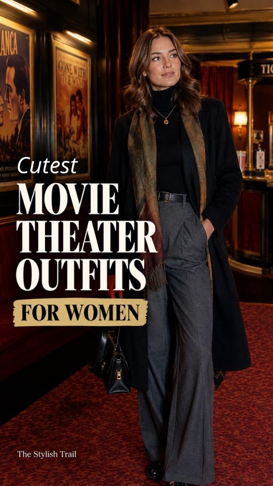 A woman wears a long dark coat, black turtleneck, gray wide-leg trousers, patterned scarf, in movie theater outfit for women