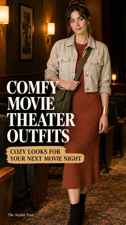 A woman wears a rust ribbed midi dress, cropped beige utility jacket, olive crossbody bag, and black ankle boots, illustrating a polished comfy movie theater outfit for women