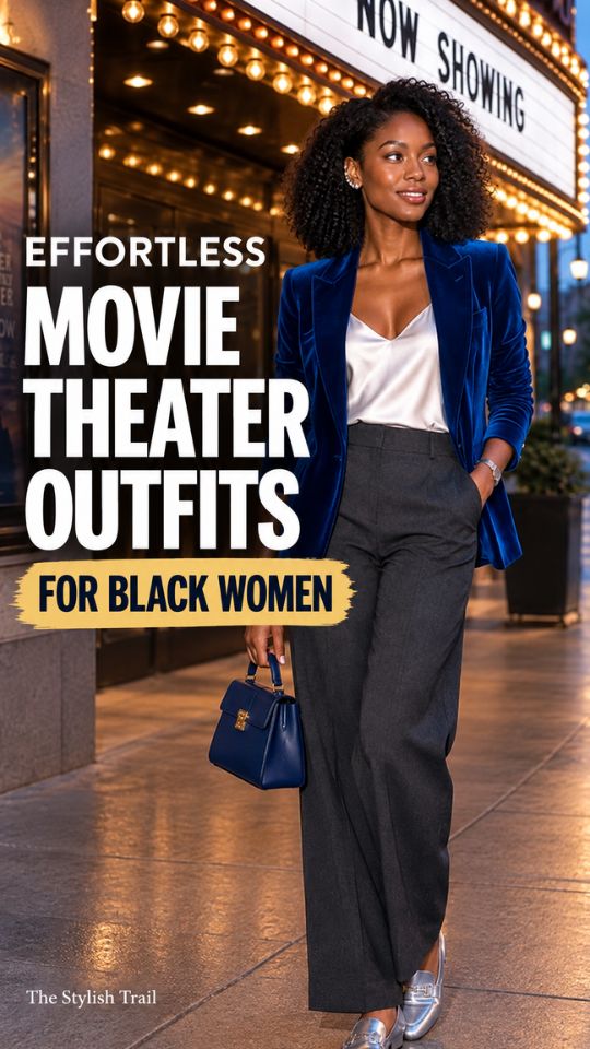 A woman wears gray wide-leg trousers with a blue blazer, a satin top, loafers, for a movie theater outfit for black women